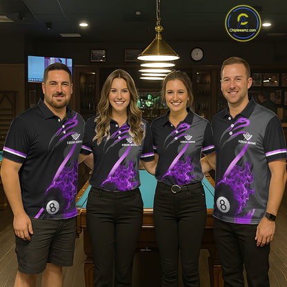 Purple & Black Fire Flame 8 Ball Pool Billiard Shirt For Men Personalized Billiard Team Attire NYN3428