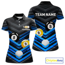 Load image into Gallery viewer, Black Blue 8 Ball &amp; 9 Ball women's billiard tournament polo shirt, custom pool jersey, cue sports apparel, league uniform, championship team clothing