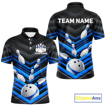 Load image into Gallery viewer, Black and Blue men's bowling polo jersey with bold bowling ball design, custom bowling league shirt, professional tournament apparel, personalized team uniform, bowling club polo, performance sportswear, championship bowling jersey