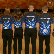 Load image into Gallery viewer, Men's and women's matching Black and Blue bowling team jerseys, custom league uniforms, tournament bowling apparel, championship team shirts, bowling club outfit, family bowling event apparel, corporate bowling team uniforms