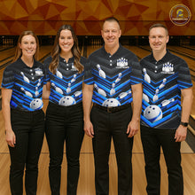 Load image into Gallery viewer, Men's and women's matching Black and Blue bowling team jerseys, custom league uniforms, tournament bowling apparel, championship team shirts, bowling club outfit, family bowling event apparel, corporate bowling team uniforms