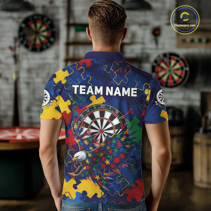 Male model wearing Personalized Eagle Puzzle darts polo, custom name tournament jersey, awareness-inspired league apparel, premium sportswear