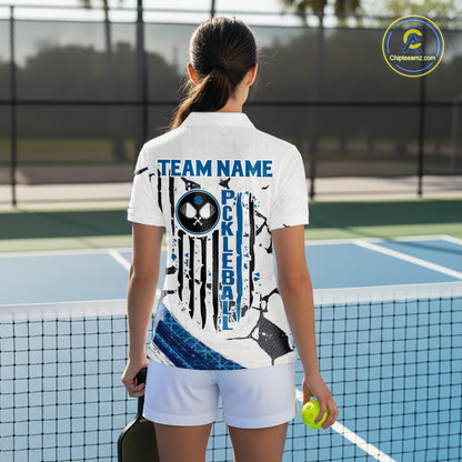 Custom White Grunge Blue Patriotic Pickleball League Jerseys Women US Flag Pickleball Shirts NYN2153