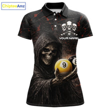 Load image into Gallery viewer, Red Grunge Grim Reaper Hold 8 Ball &amp; 9 Ball Pool Women Billiard Shirt Custom Billiard Team Attire NYN2639