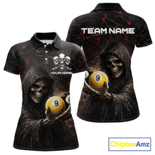 Load image into Gallery viewer, Red Grunge Grim Reaper Hold 8 Ball &amp; 9 Ball Pool Women Billiard Shirt Custom Billiard Team Attire NYN2639