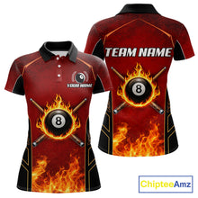 Load image into Gallery viewer, Red Billiard 8 Ball Cue Shirts For Women Custom Fire Flame Pool Team Billiard Polo &amp; 1/4 Zip Jerseys NYN3016