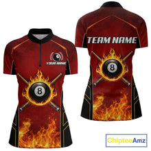 Load image into Gallery viewer, Red Billiard 8 Ball Cue Shirts For Women Custom Fire Flame Pool Team Billiard Polo &amp; 1/4 Zip Jerseys NYN3016