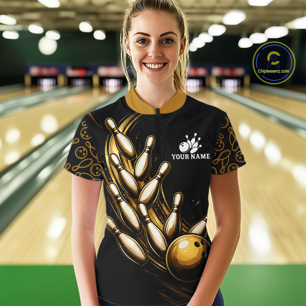 Strike Bowling Gold Yellow Bowling Jerseys For Women Custom Bowling Shirts Team Attire NYN3179