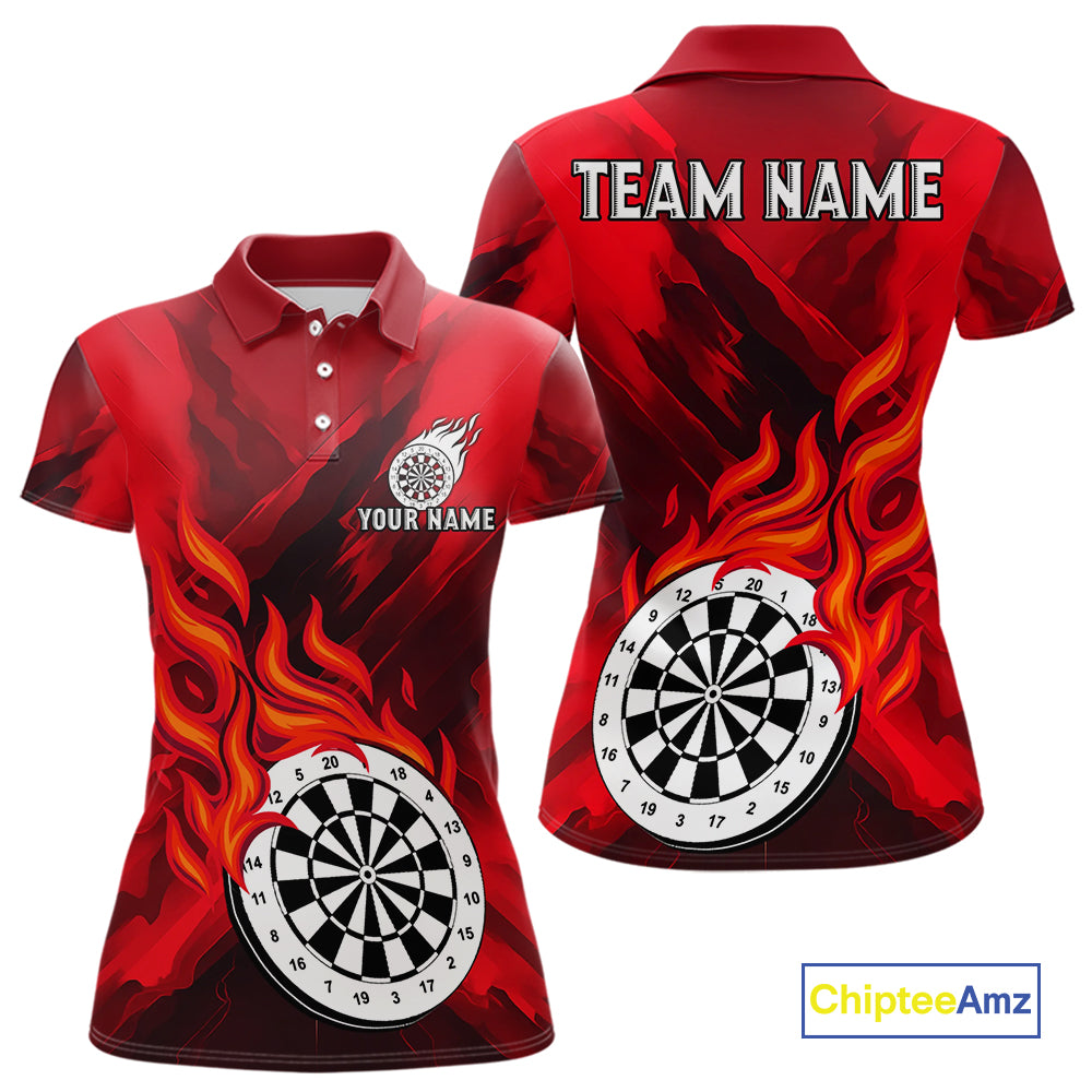 Custom Red Flaming White Dartboard Dart Polo Shirt For Women Outfits Dart Jerseys NYN1609