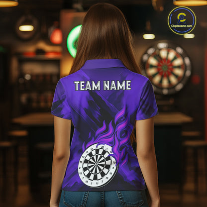 Custom Purple Flaming White Dartboard Dart Polo Shirt For Women  Outfits Dart Jerseys NYN1610