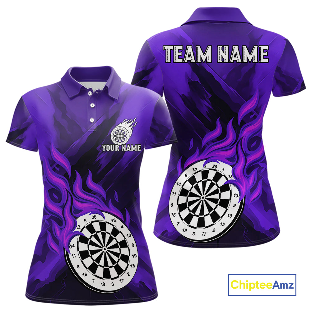 Custom Purple Flaming White Dartboard Dart Polo Shirt For Women  Outfits Dart Jerseys NYN1610