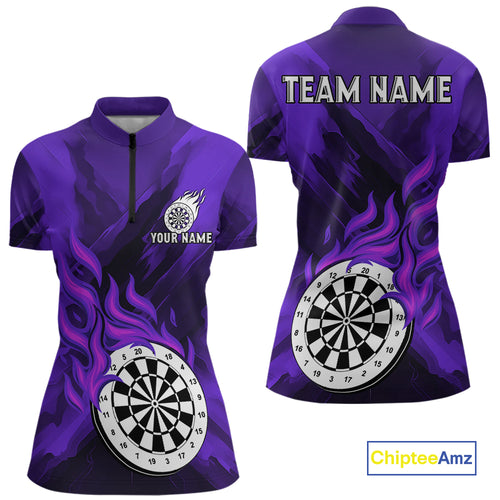 Custom Purple Flaming White Dartboard Dart Quarter-Zip Shirt For Women Outfits Dart Jerseys NYN1610