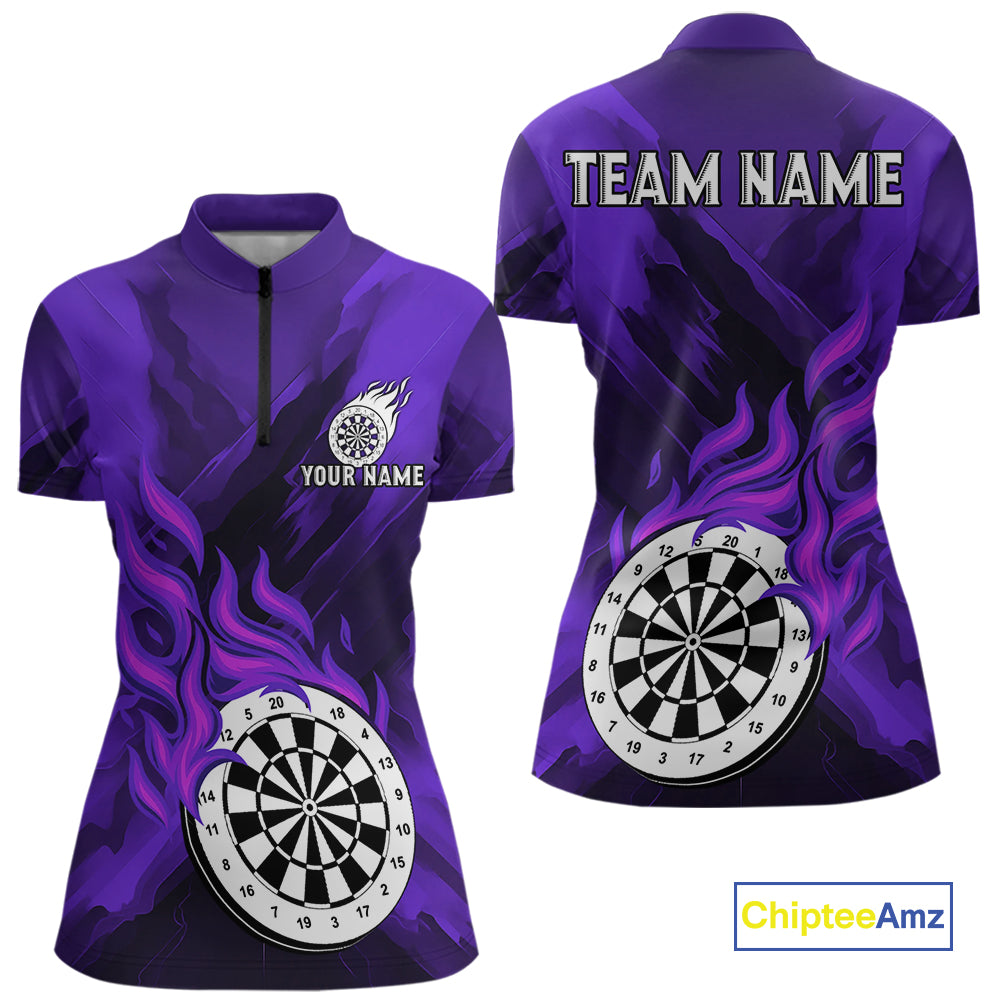 Custom Purple Flaming White Dartboard Dart Quarter-Zip Shirt For Women Outfits Dart Jerseys NYN1610