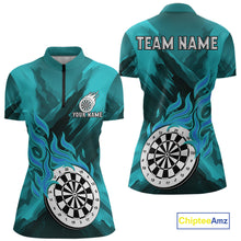 Load image into Gallery viewer, Custom Turquoise Flaming White Dartboard Dart Quarter-Zip Shirt For Women Outfits Dart Jerseys NYN1611
