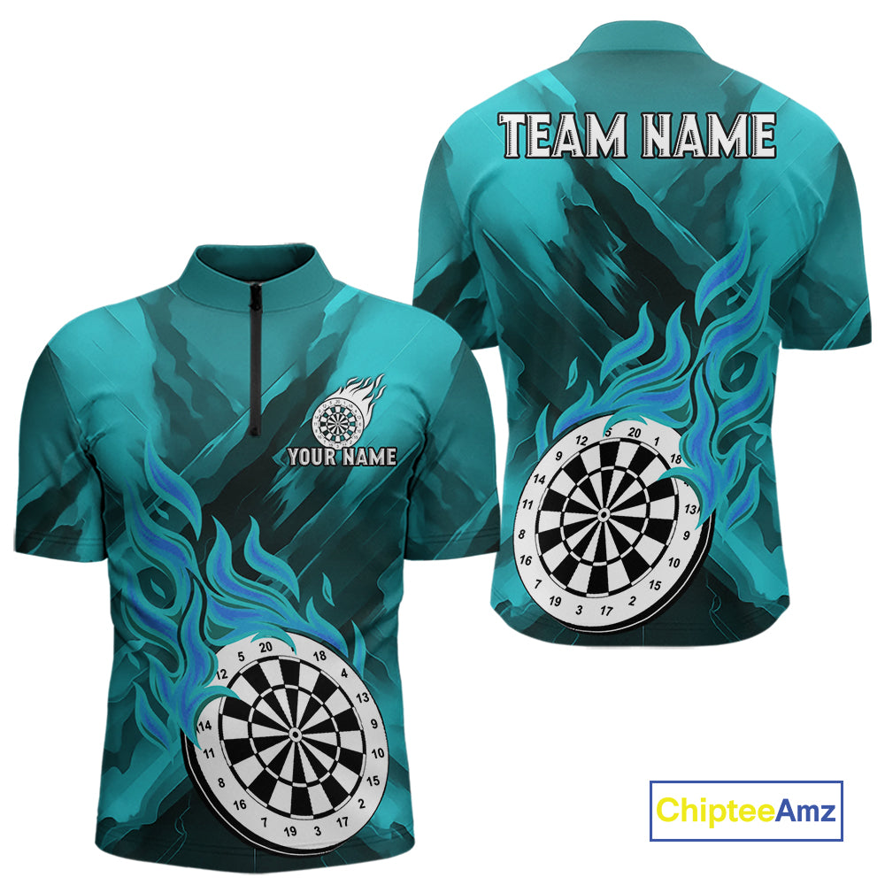 Custom Turquoise Flaming White Dartboard Dart Quarter-Zip Shirt For Men Outfits Dart Jerseys NYN1611