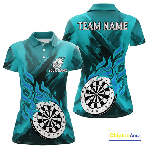 Custom Turquoise Flaming White Dartboard Dart Polo Shirt For Women Outfits Dart Jerseys NYN1611
