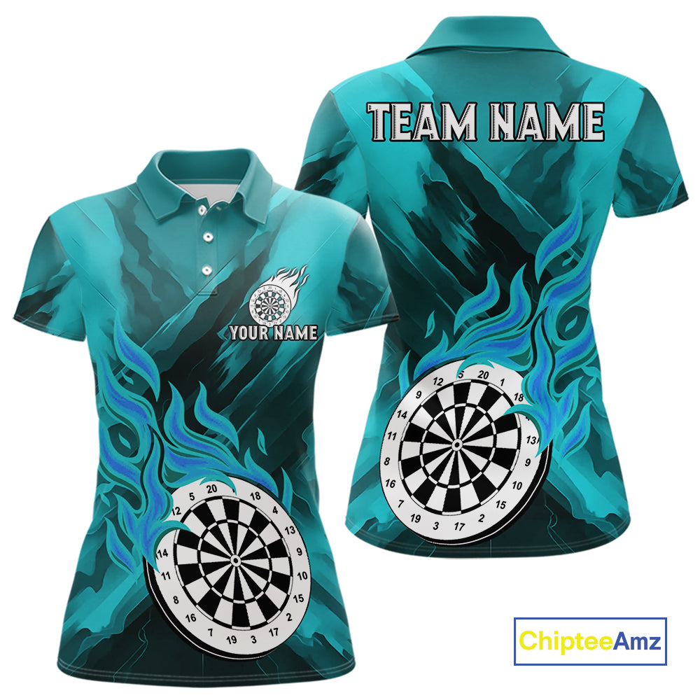 Custom Turquoise Flaming White Dartboard Dart Polo Shirt For Women Outfits Dart Jerseys NYN1611