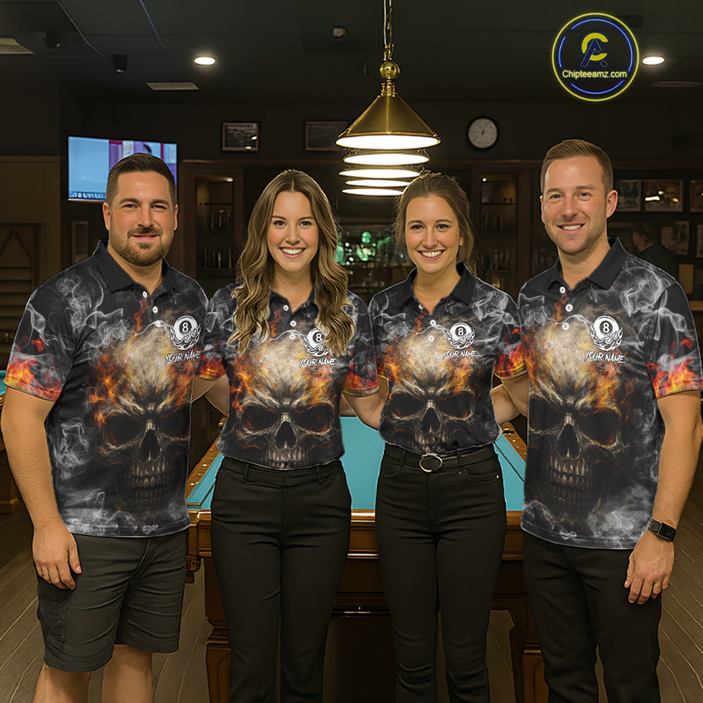 Fire Flame Skull Balls Billiard Shirt For Women Custom Smoke Ball 8 Pool Billiard Team Shirts NYN2414
