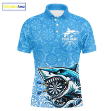 Load image into Gallery viewer, Blue Ferocious Shark Dartboard &amp; Arrow Men Darts Polo Shirt Custom Funny Dart League Shirt NYN2647