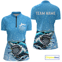 Load image into Gallery viewer, Blue Ferocious Shark Dartboard &amp; Arrow Women Darts 1/4-Zip Shirt Custom Funny Dart League Shirt NYN2647