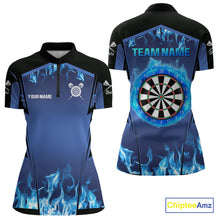 Load image into Gallery viewer, Blue Flaming Dartboard Women's Flaming Darts Shirt - Custom Name For Darts Jersey NYN0481