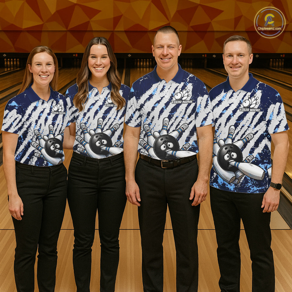 Blue And White Grunge Funny Bowling Ball & Pins Shirts Custom Team Bowling Jerseys For Men NYN3445
