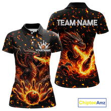 Load image into Gallery viewer, Fire flame dragon bowling polo quarter zip shirt for women red bowling team jersey