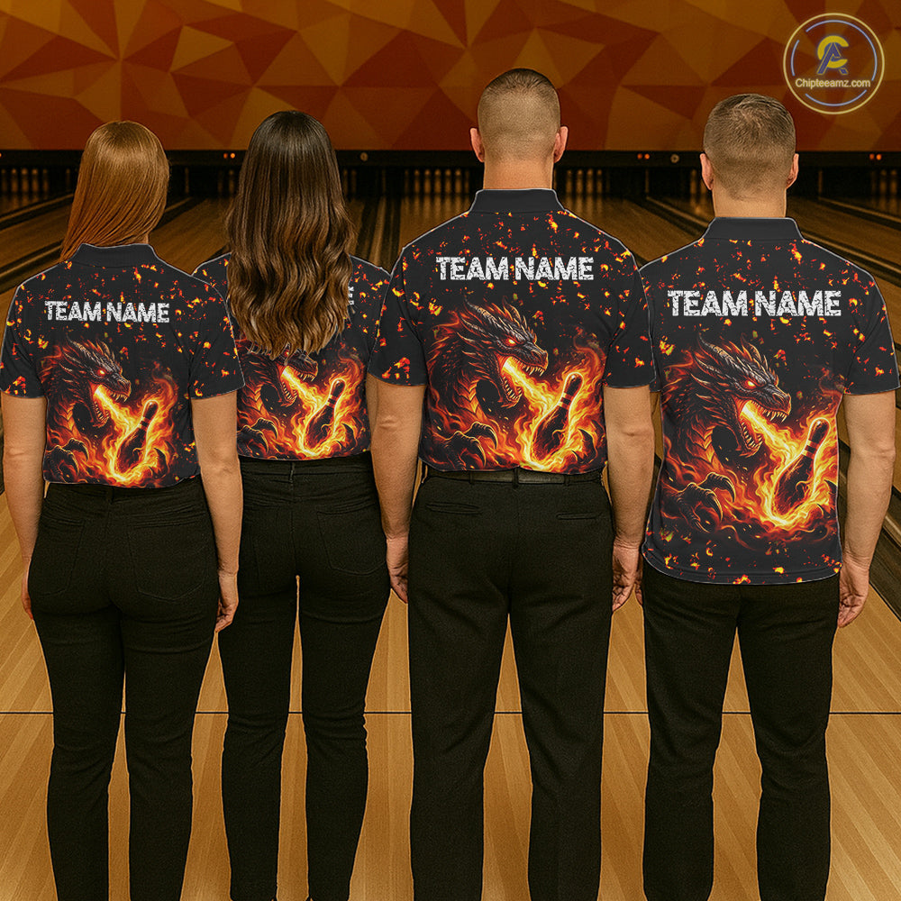 Fire Flame Dragon Bowling Polo Quarter Zip Shirts For Women Custom Team Bowling Jerseys | Red NYN3450