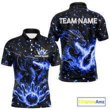 Load image into Gallery viewer, Fire flame dragon bowling polo quarter zip shirt for men blue bowling team jersey