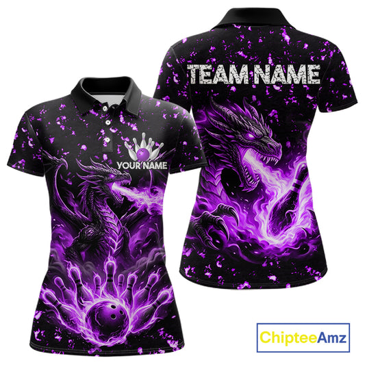 Fire flame dragon bowling polo quarter zip shirt for women purple bowling team jersey
