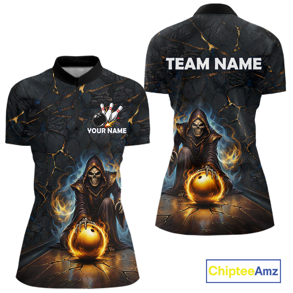 Flame Grim Reaper Custom Women Bowling Polo & Quarter-Zip Shirts Gold Bowling Ball League Jerseys NYN3011