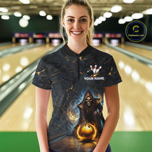 Load image into Gallery viewer, Flame Grim Reaper Custom Women Bowling Polo &amp; Quarter-Zip Shirts Gold Bowling Ball League Jerseys NYN3011