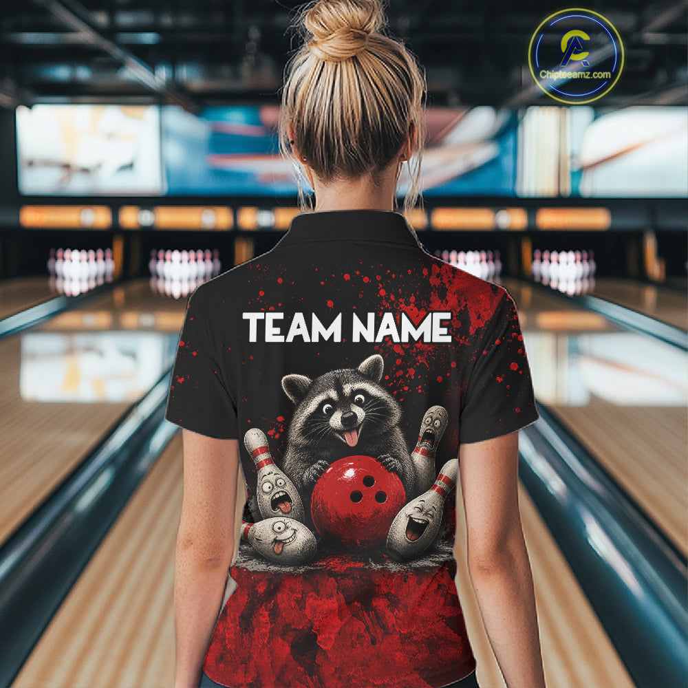 Red Splatter Cute Raccoon Women Bowling Shirts Custom Funny Bowling Pins Team Jerseys For Bowlers NYN3197