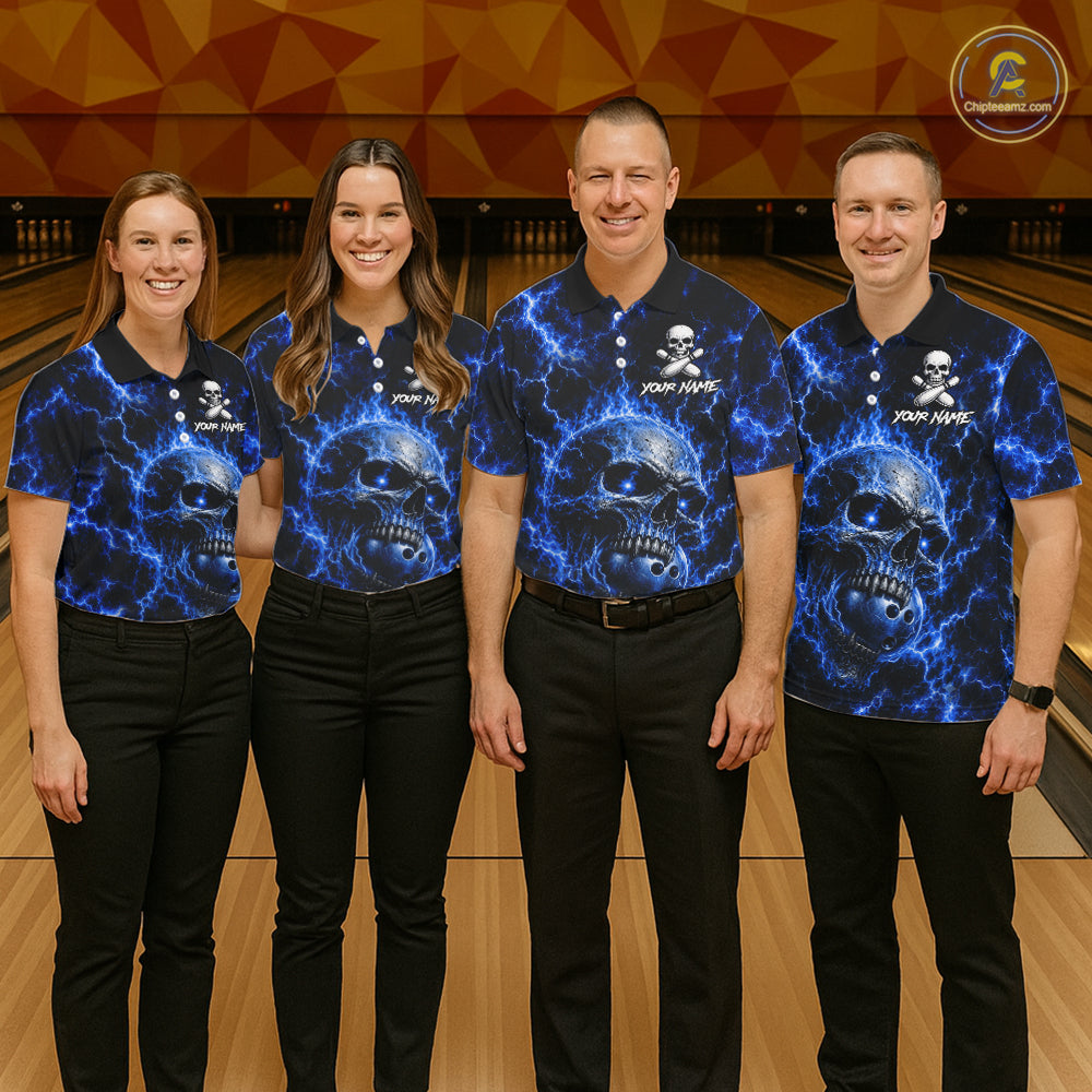 Blue skull thunder lightning bowling team shirts custom bowling jerseys