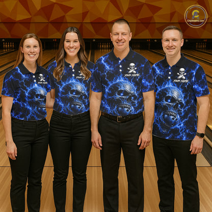 Blue skull thunder lightning bowling team shirts custom bowling jerseys