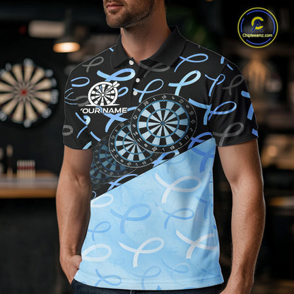 Male model wearing Prostate Cancer Awareness Darts Polo, Personalized Charity Tournament Jersey