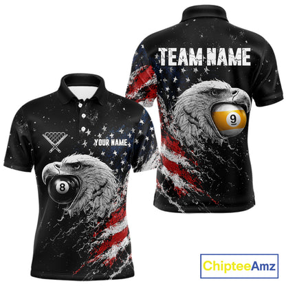 Custom US Flag Eagle men's 8 Ball & 9 Ball billiard polo featuring patriotic eagle artwork, personalized pool tournament jersey, APA league cue sports apparel, championship team uniform, breathable performance sportswear