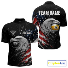 Load image into Gallery viewer, Custom US Flag Eagle men's quarter-zip billiard jersey with patriotic USA eagle graphics, personalized pool tournament apparel, custom cue sports team shirt, veterans event uniform, performance athletic jersey