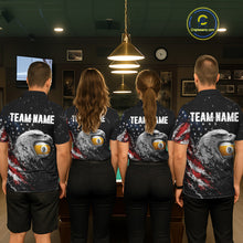 Load image into Gallery viewer, Matching Custom US Flag Eagle billiard jerseys for men and women, patriotic pool tournament uniforms, veterans event apparel, military appreciation team shirts, APA BCA league jerseys, championship cue sports clothing, symbols of freedom, strength, leadership and unity