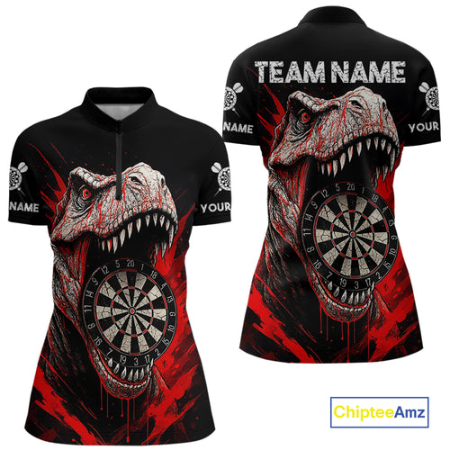 Custom Red Dinosaur Cracked Dartboard 1/4-Zip Dart Shirt For Women Grunge Dart Team Jerseys NYN1357