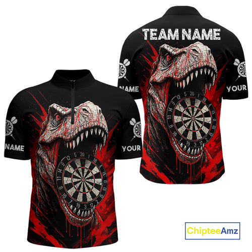 Custom Red Dinosaur Cracked Dartboard 1/4-Zip Dart Shirt For Men Grunge Dart Team Jerseys NYN1357