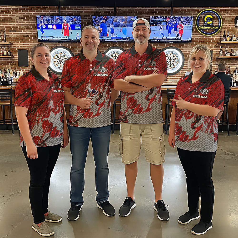 Custom Grunge Red And Grey Halftone Men Darts Polo Team Shirt Dart League Jerseys NYN2178