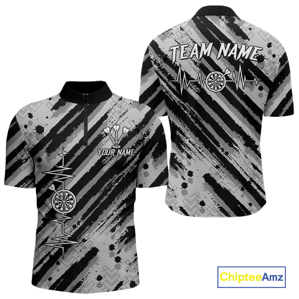 Custom Black Grey Grunge Streaks Skull Men Darts Quarter-Zip Team Shirt Skull Dart League Jerseys NYN2180