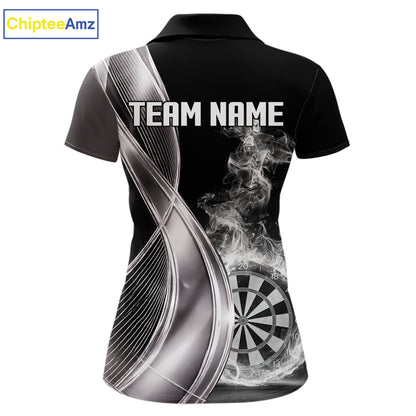 Black And Silver Darts Polo Shirts For Women Custom White Smoke Dartboard Dart Team Jerseys NYN2446