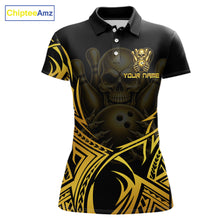 Load image into Gallery viewer, Womens Skull Bowling Shirts Gold Tribal Pattern Custom Skull Bowling Polo Quarter-Zip Team Jersey NYN3755