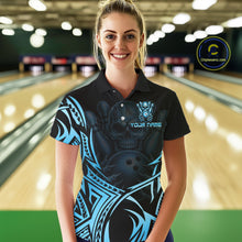 Load image into Gallery viewer, Womens Skull Bowling Shirts Blue Tribal Pattern Custom Skull Bowling Polo Quarter-Zip Team Jersey NYN3756