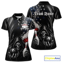 Load image into Gallery viewer, Custom Grim Reaper Patriotic Bowling Shirts Womens American Flag Bowling Polo Quarter-Zip Team Jersey NYN3760