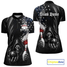 Load image into Gallery viewer, Custom Grim Reaper Patriotic Bowling Shirts Womens American Flag Bowling Polo Quarter-Zip Team Jersey NYN3760