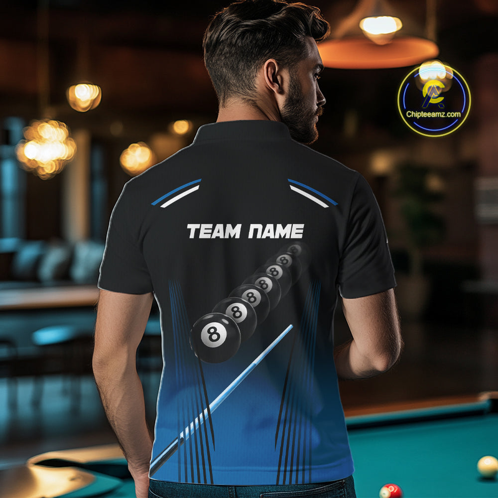 Black & Blue Billiard Ball Cue Pool Men Polo & 1/4-Zip Shirt Custom 8 Ball 3D Billiards Attire NYN2455
