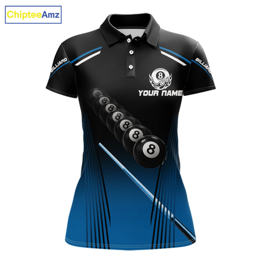 Black & Blue Billiard Ball Cue Pool Women Polo & 1/4-Zip Shirt Custom 8 Ball 3D Billiards Attire NYN2455